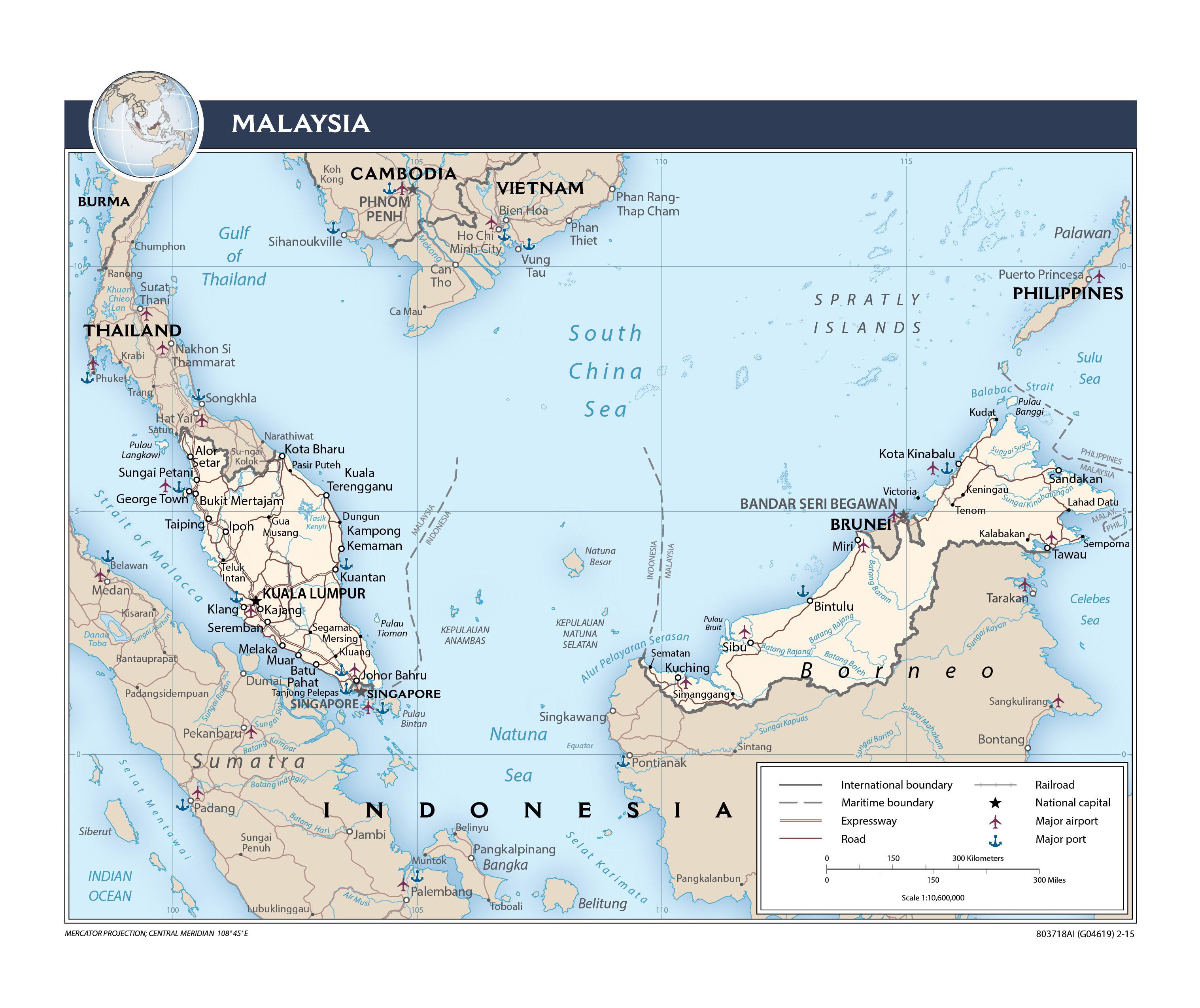 Malesia lentokentät kartalla - Malesia kansainvälinen lentokenttä kartta  (Etelä-Itä-Aasia - Aasia)