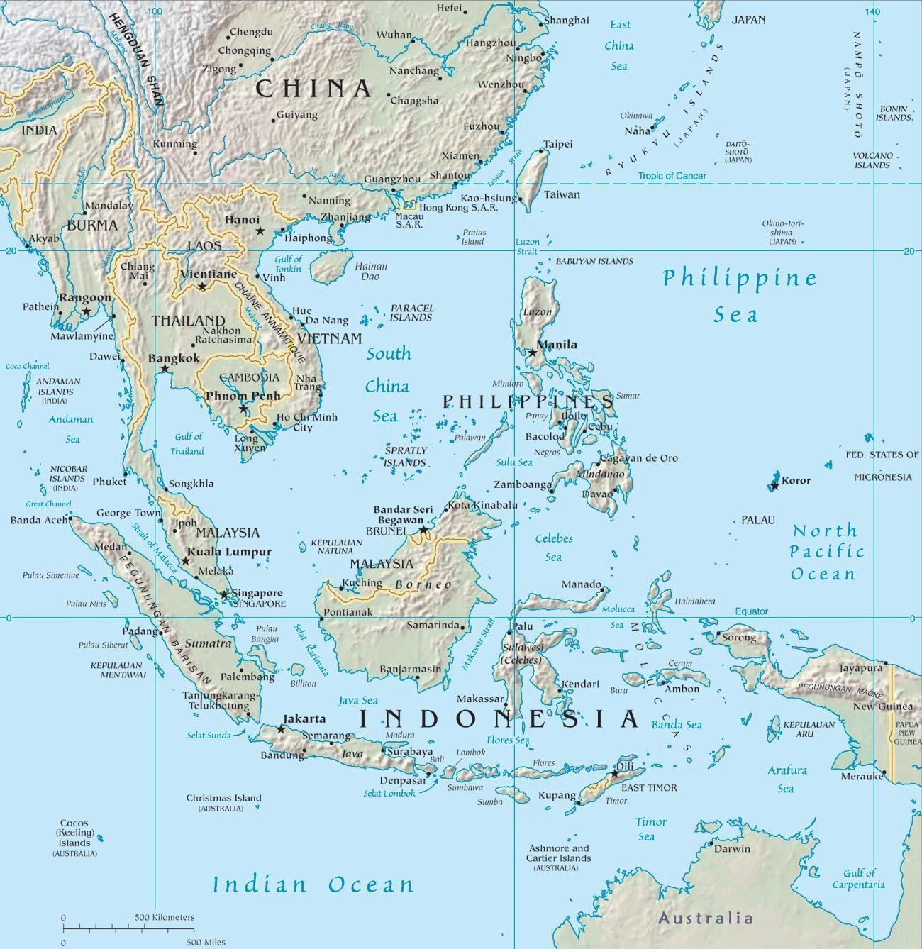 Malesia maa kartta - Kartta malesian ja lähialueen maissa (Etelä-Itä-Aasia  - Aasia)