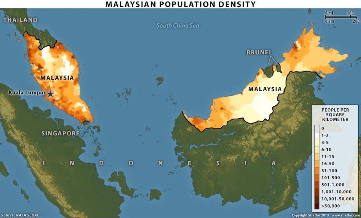 Malesian väestö kartta - Malesian väestöstä tiheys kartta (Etelä-Itä-Aasia  - Aasia)